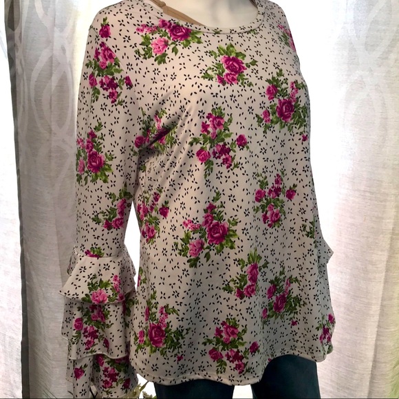 Celeste Tops - Bell Ruffle Sleeve Flower Long Sleeve Top XL XXL